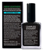 Load image into Gallery viewer, Back of bottle and box of Charles Stewart New Leather repair and restore solution