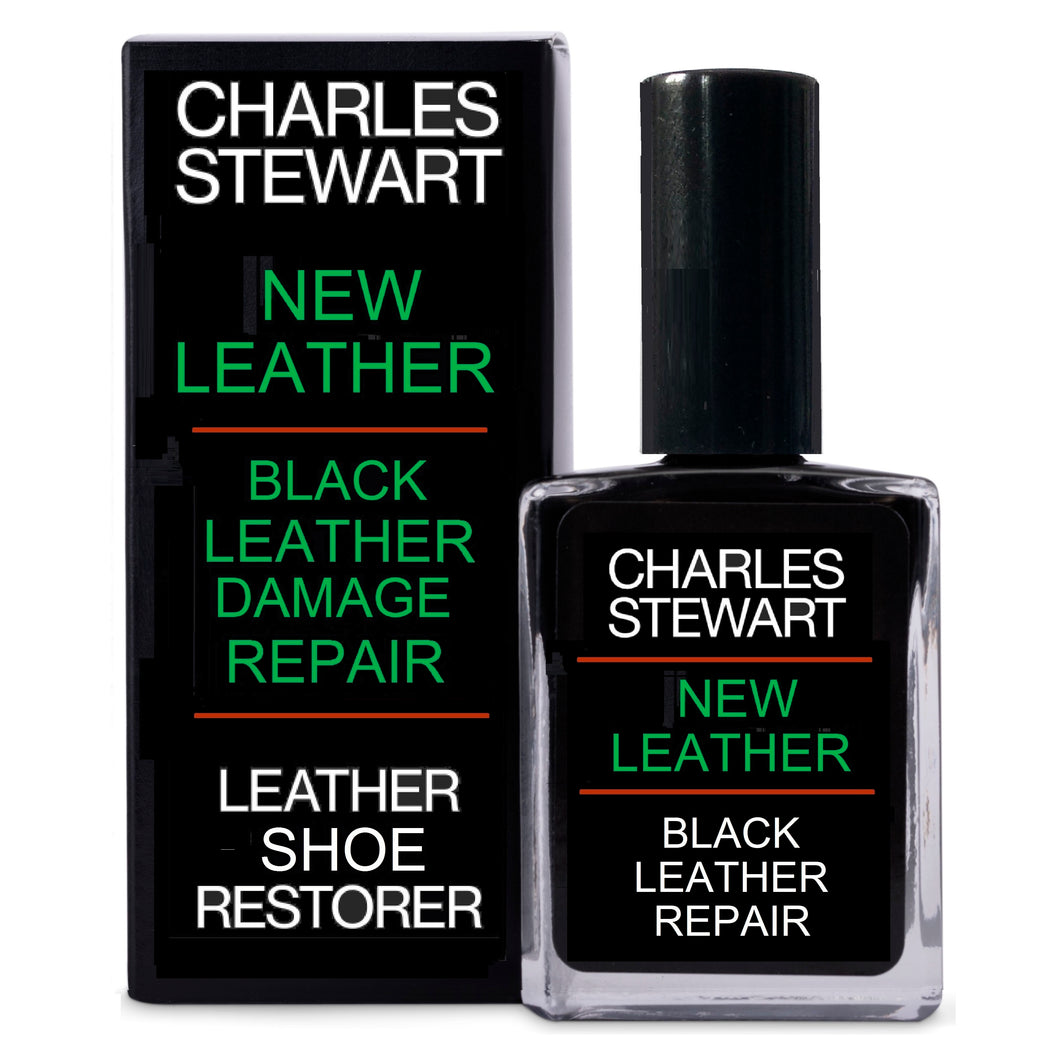 Front of bottle and box of Charles Stewart New Leather repair and restore solution