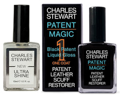 A bottle of Charles Stewart Patent Magic to repair patent leather shoes with a bottle of Ultrashine